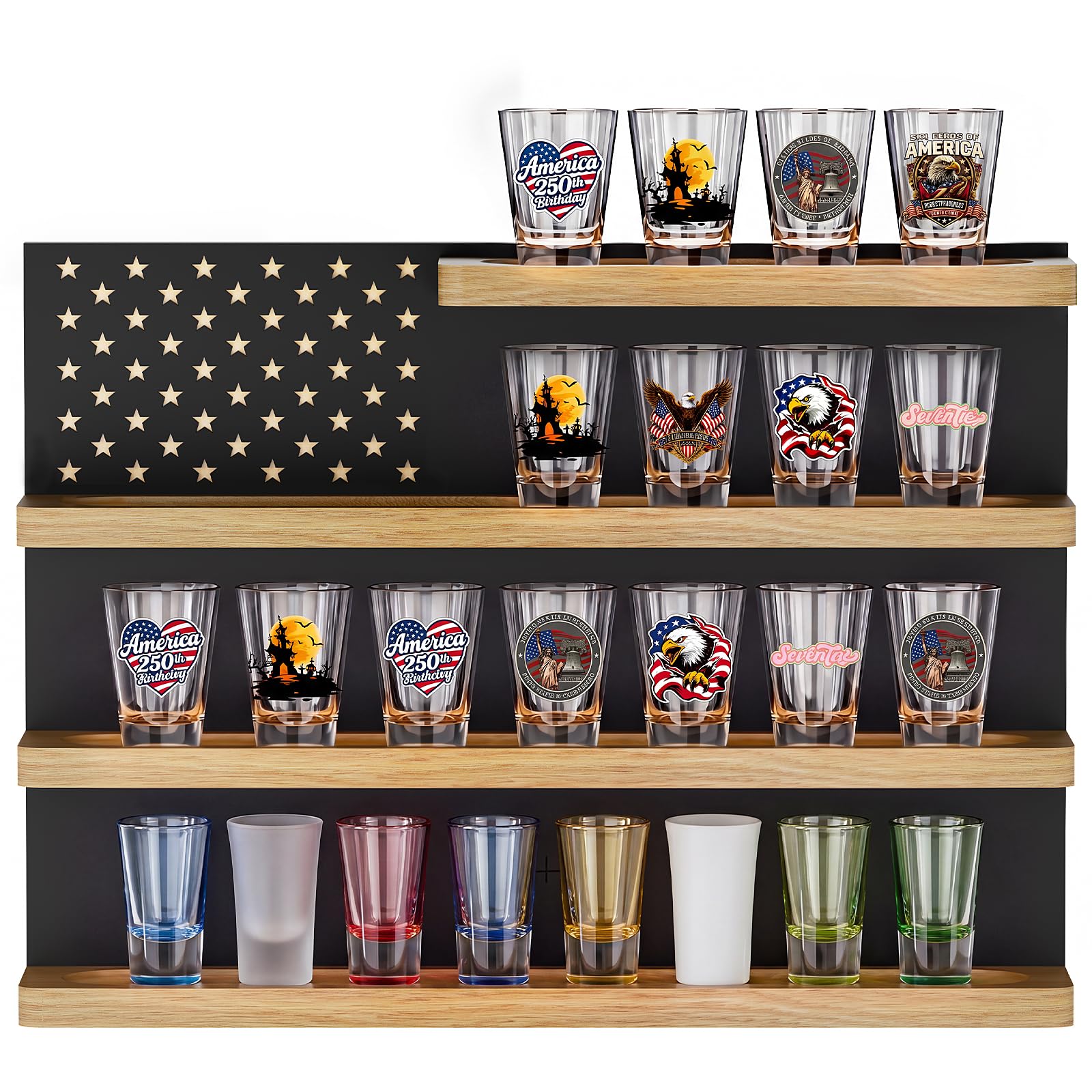 Patriotic rustic design on a Shot Glass Display Case Wall Mount