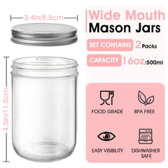 Wide mouth 16oz glass canning jars with airtight lids