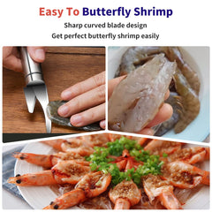 Shrimp peeling and deveining tool with serrated edge