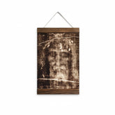Shroud of Turin face of Jesus canvas print with brown wood frame