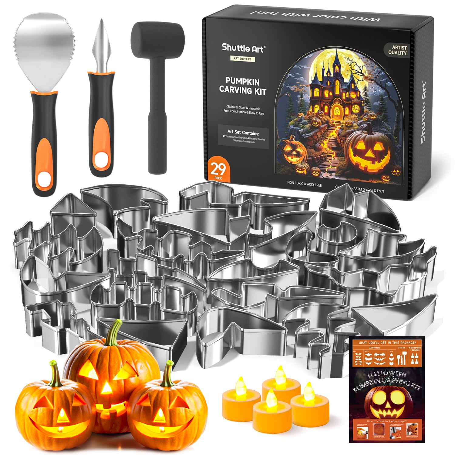 Shuttle Art 40PCS pumpkin carving kit main set with stencils and tools