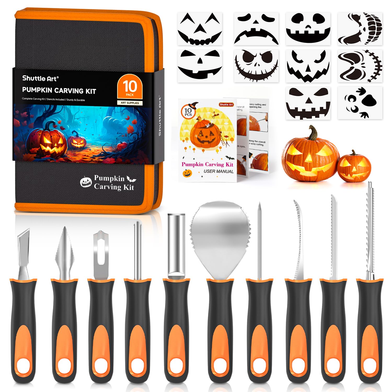 Shuttle Art pumpkin carving kit with 10 tools and 10 stencils