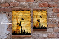 Silhouette design Mary Poppins over city skyline with sheet music