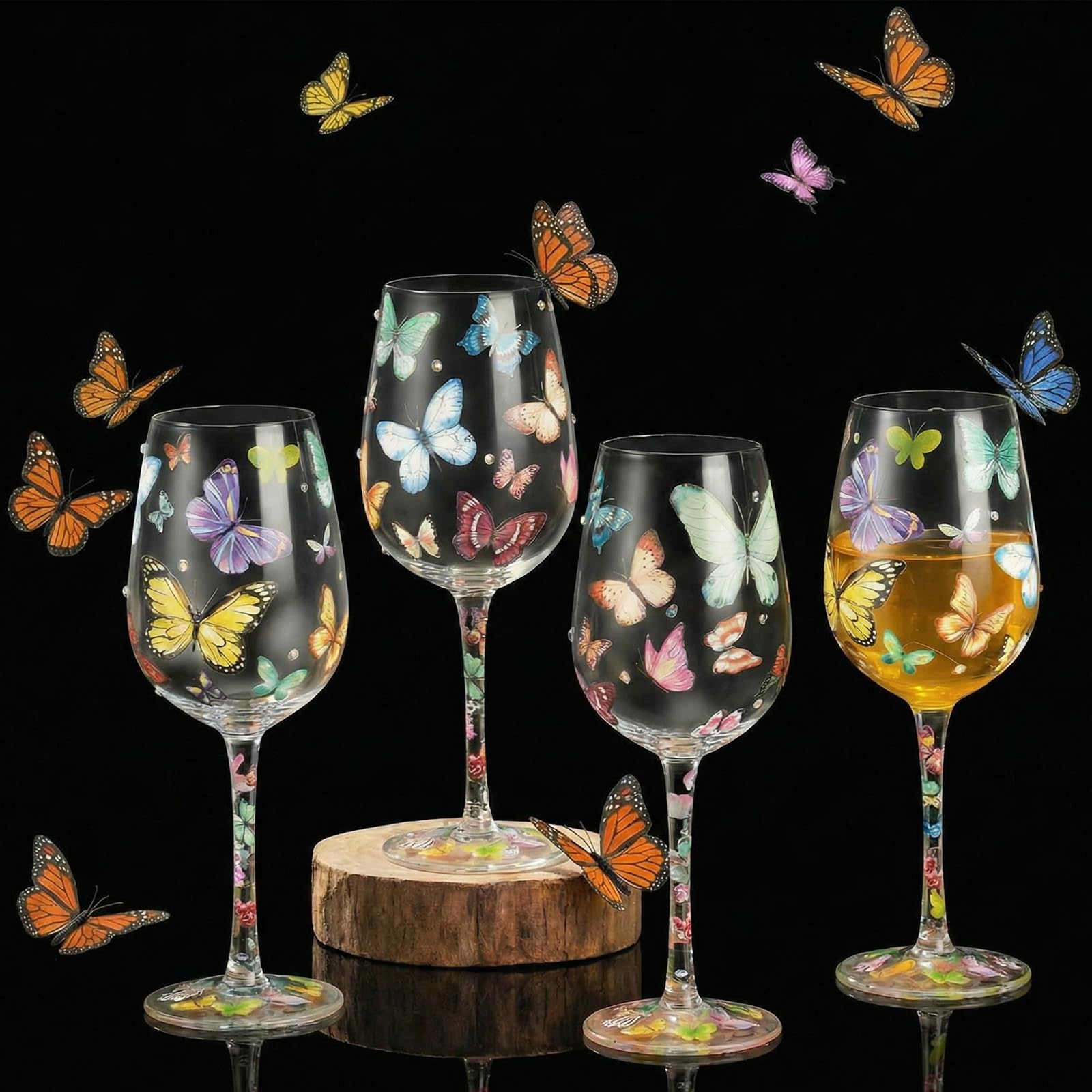 SiliFine butterfly hand painted wine glass set of 4 with long stems