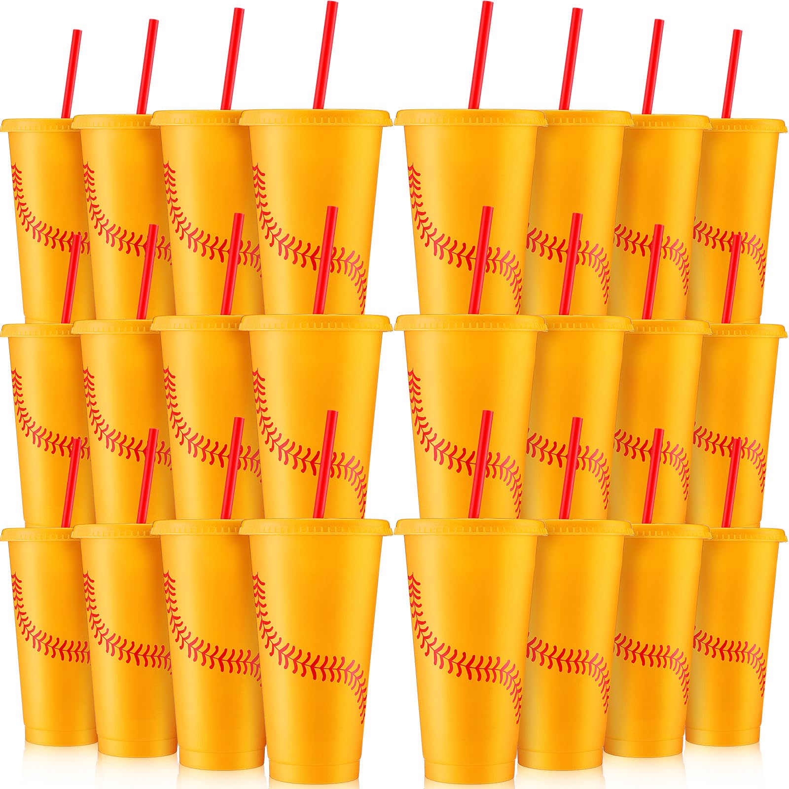 SiliFine softball cups 24oz with lids and straws in yellow and red