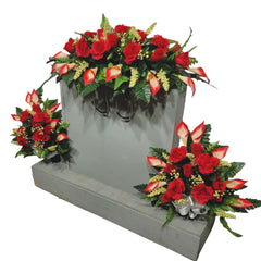 Silk faux floral red rose close up for grave display