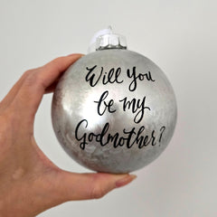 Silver glass ornament with hand lettered text for godmother