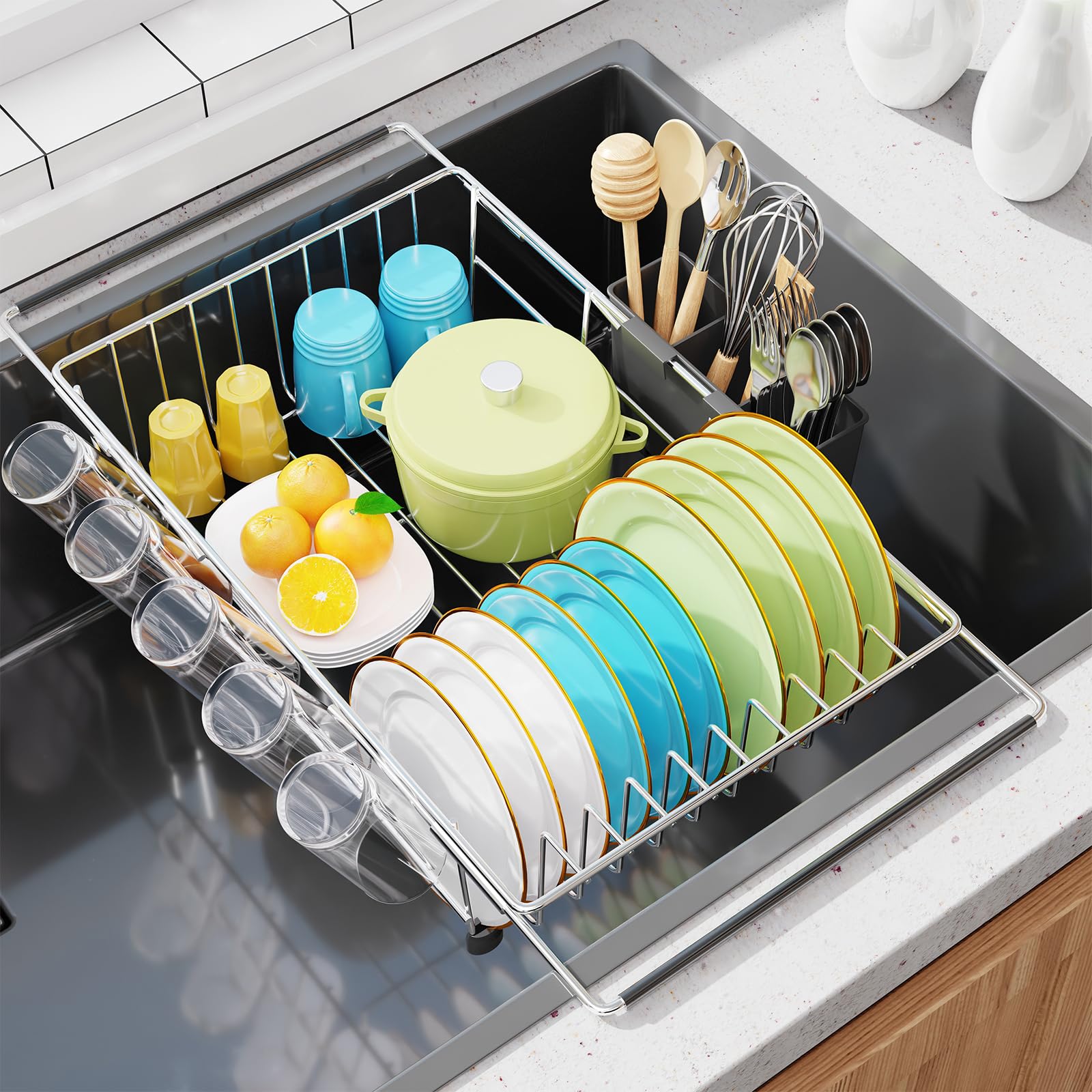 Simple Trending expandable dish drying rack in sink with 10 plate slots