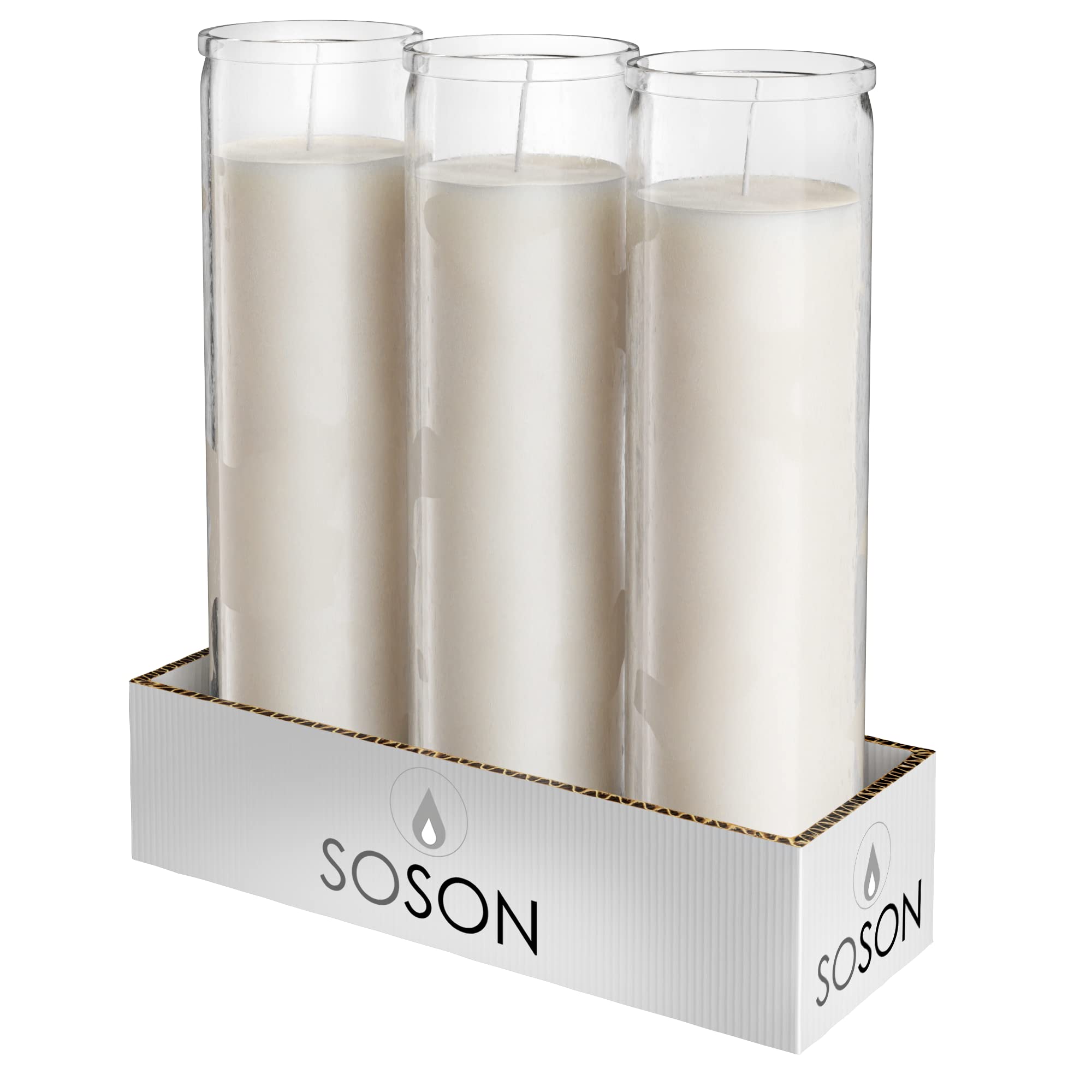 Simply Soson 2x8 inch white pillar candles in glass set of 3