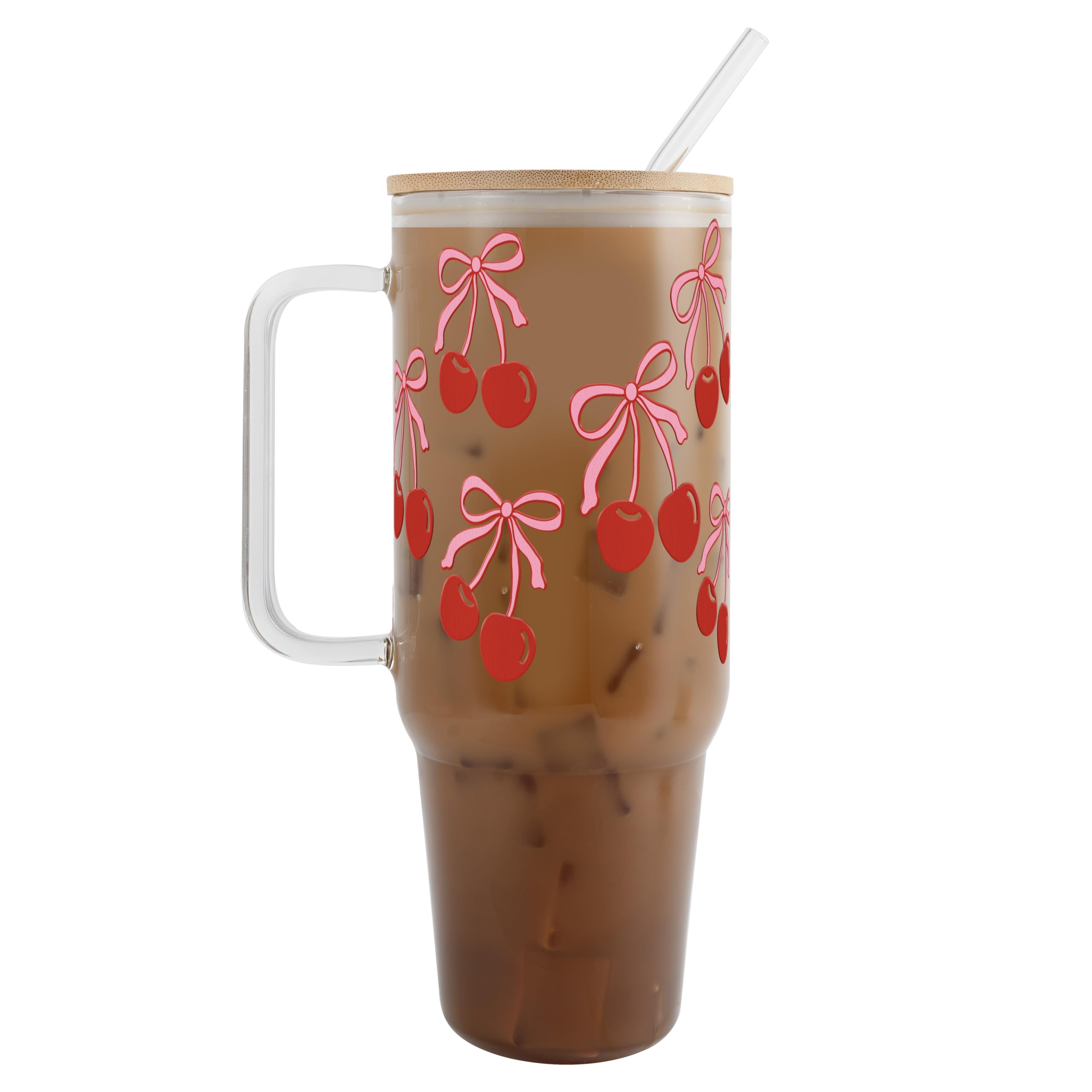 Sip-Sip Hooray Coquette Cherry Bow 40oz glass tumbler front view with lid