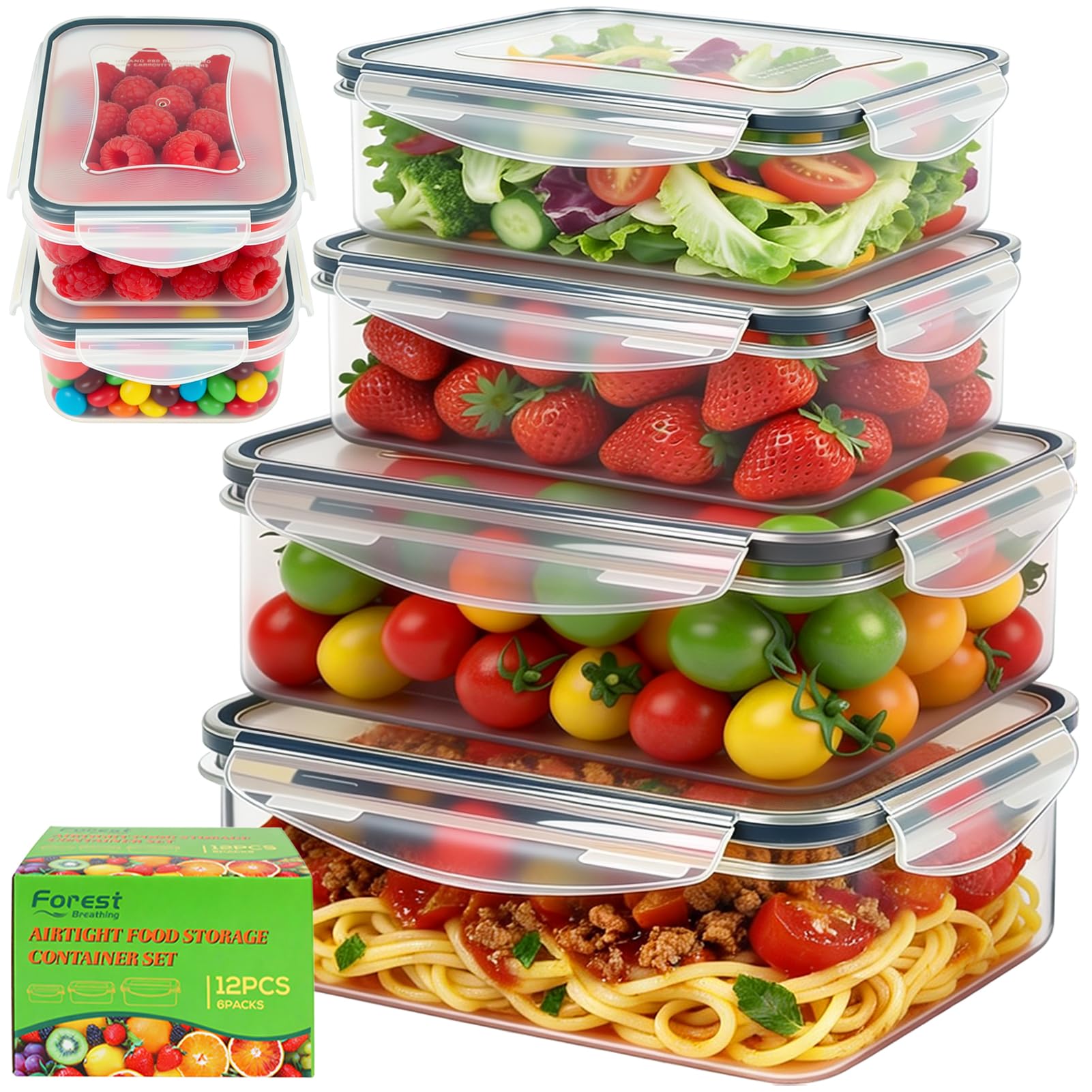 Six pack large food storage containers with lids set