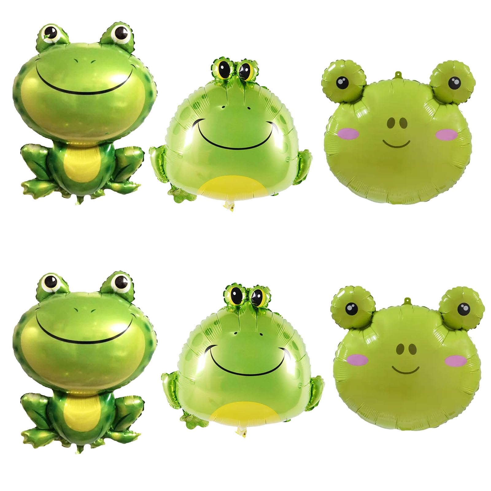Six piece set of green frog foil balloons including two large two medium and two cute balloons