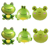 Six piece set of green frog foil balloons including two large two medium and two cute balloons