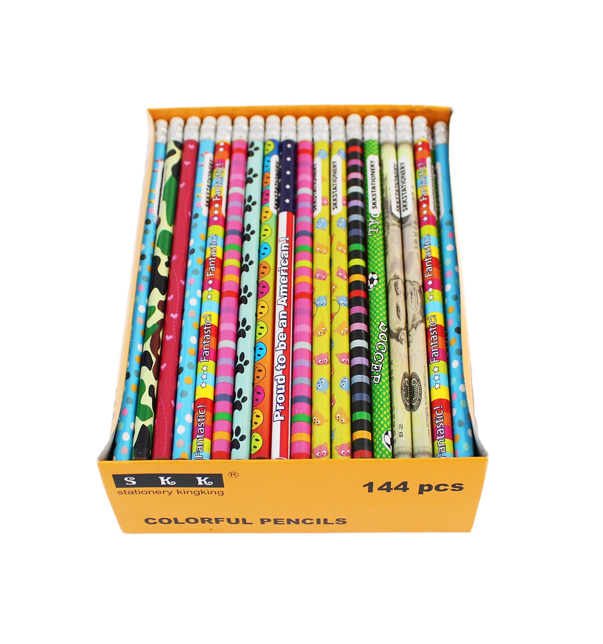 SKKSTATIONERY 144 count assorted colorful wooden pencils with eraser tops
