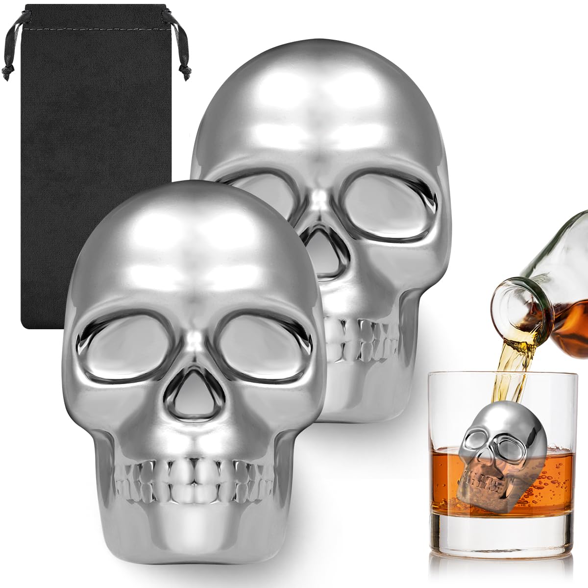 Two skull head cooling stones with fabric gift bag