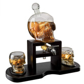 Skull Skeleton wine decanter on mahogany base with spigot