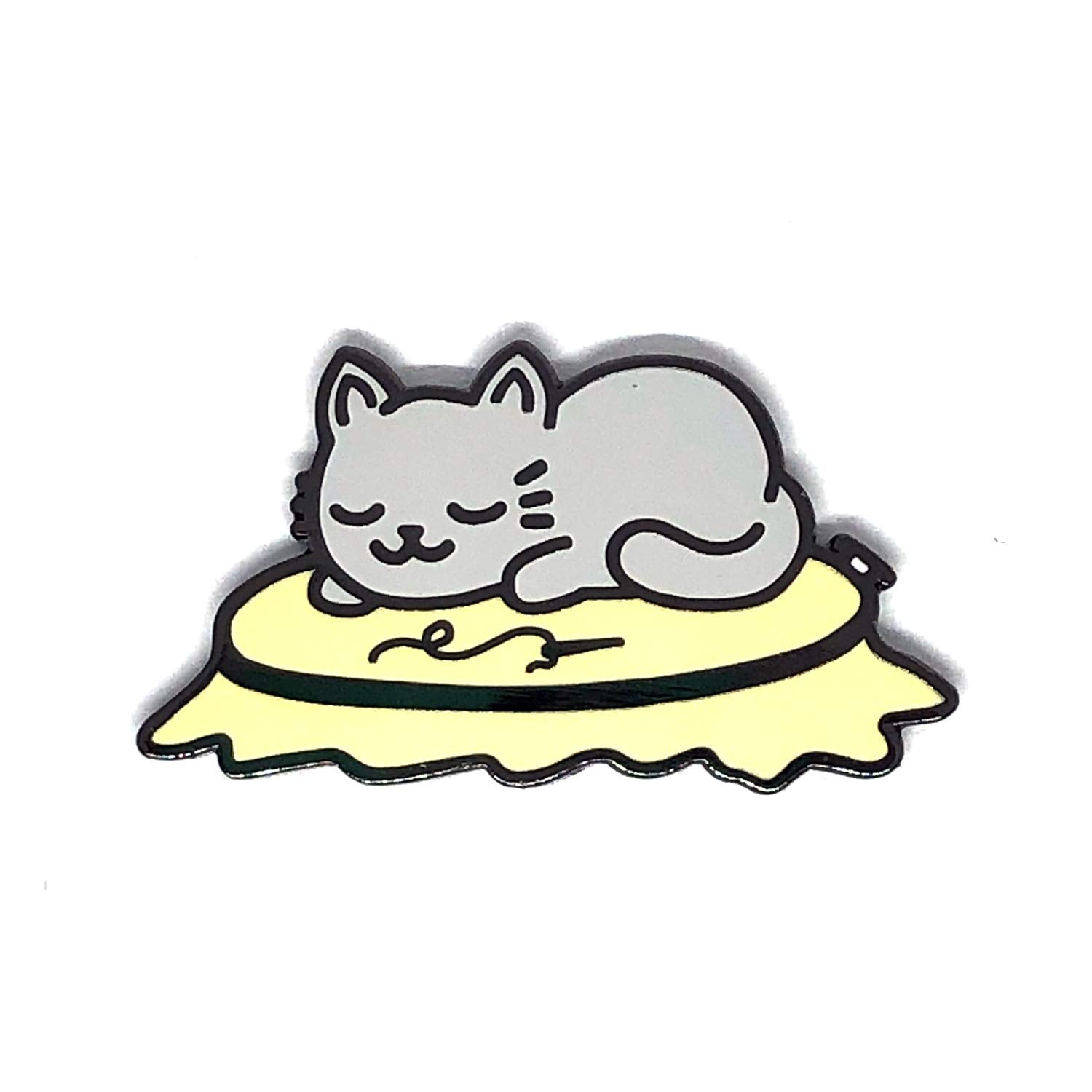 Sleepy Kitty embroidery hoop enamel needle minder with sleeping grey cat design
