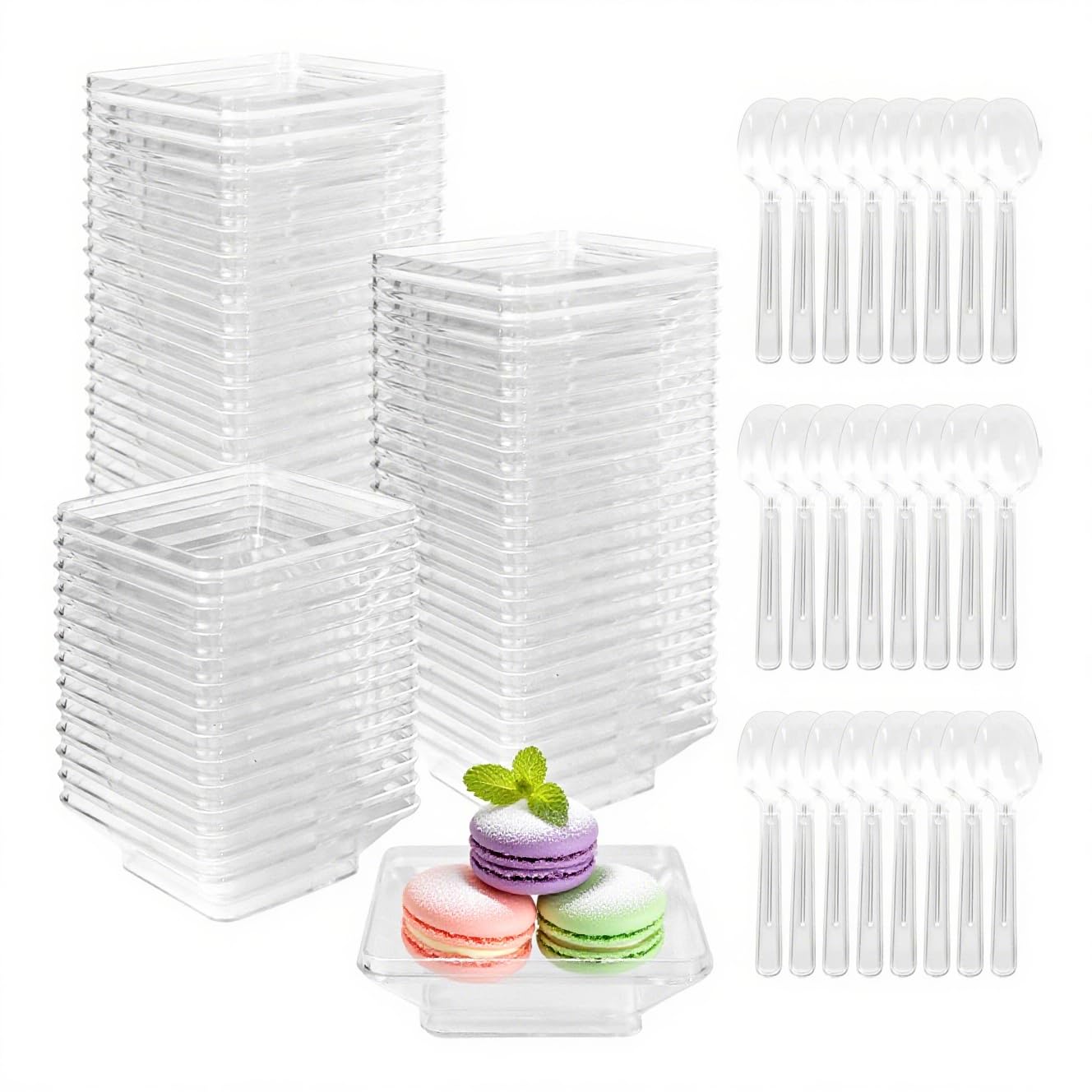 Slomg 100 pack mini plastic dessert plates with tasting spoons ready for events
