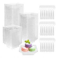 Slomg 100 pack mini plastic dessert plates with tasting spoons ready for events