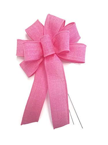 Small 5-6 inch wired pink linen wreath bow front view