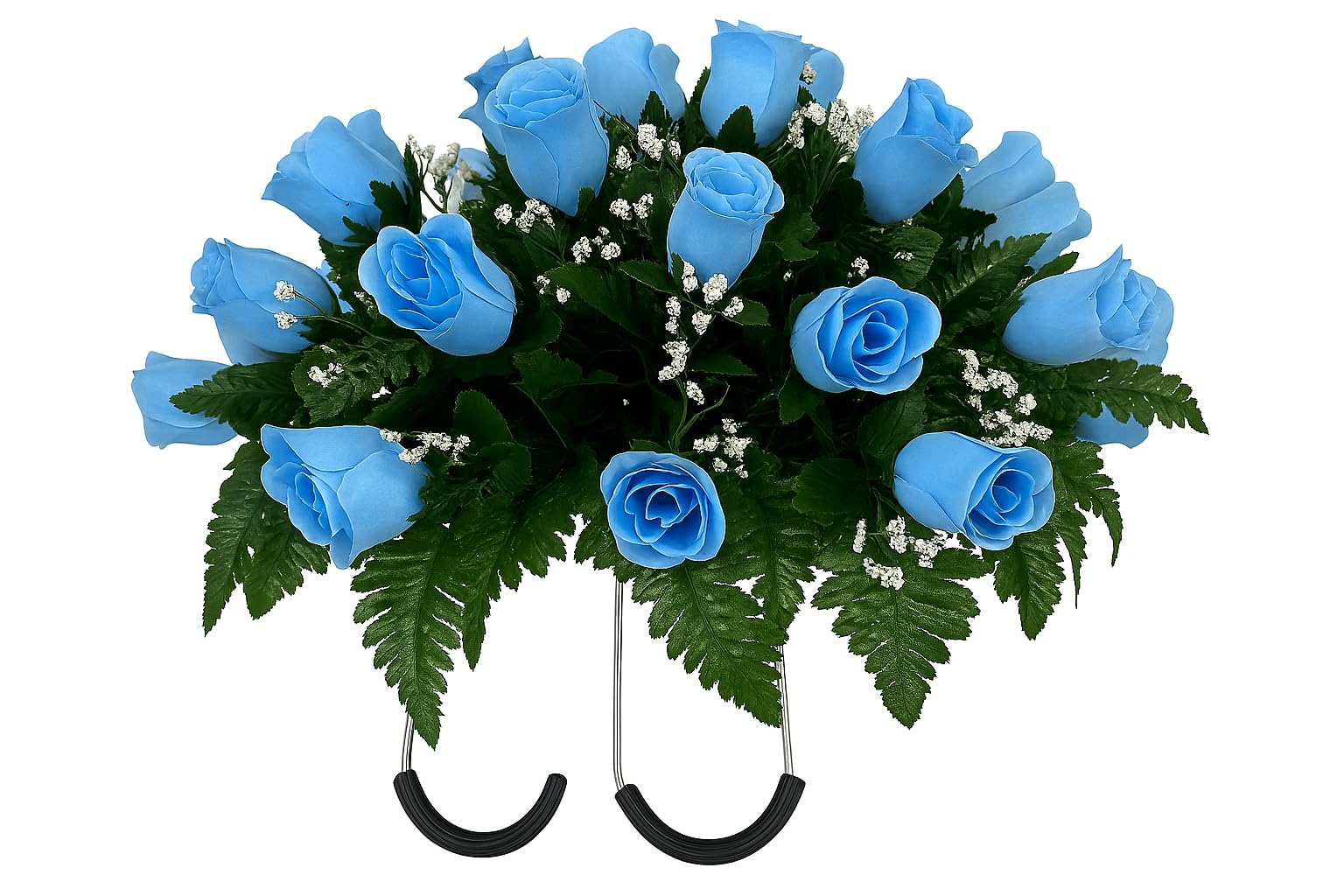 Small Baby Blue Rose Cemetery Flowers arrangement with light blue roses and baby's breath