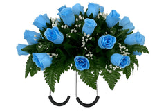 Small Baby Blue Rose Cemetery Flowers arrangement with light blue roses and baby's breath