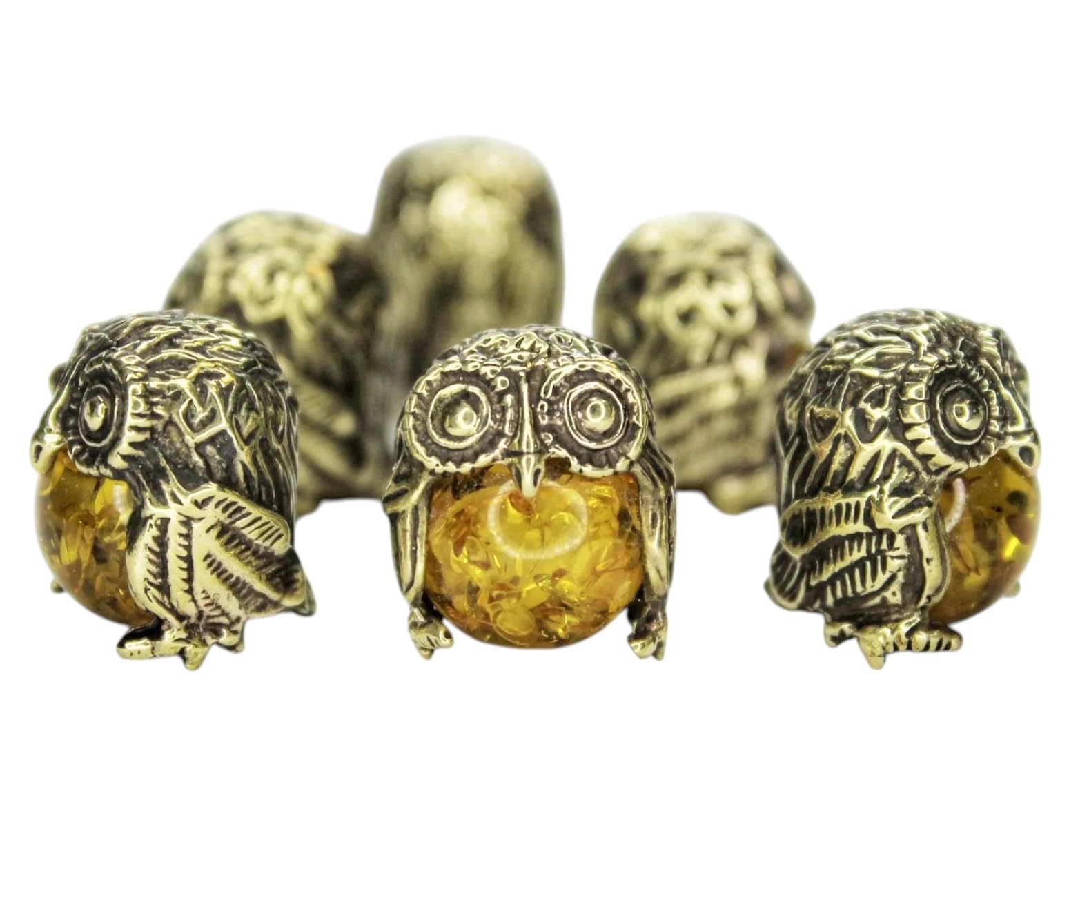 Small brass owl ornament front view with epoxy bead insert