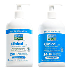 Front view of SmartMouth Clinical two-bottle mouthwash system with 16oz bottles