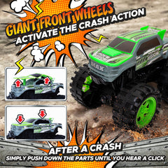 Front wheels trigger crash action in monster truck toy