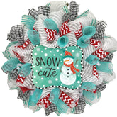 Snow Cute Snowman wreath with wood sign and deco mesh