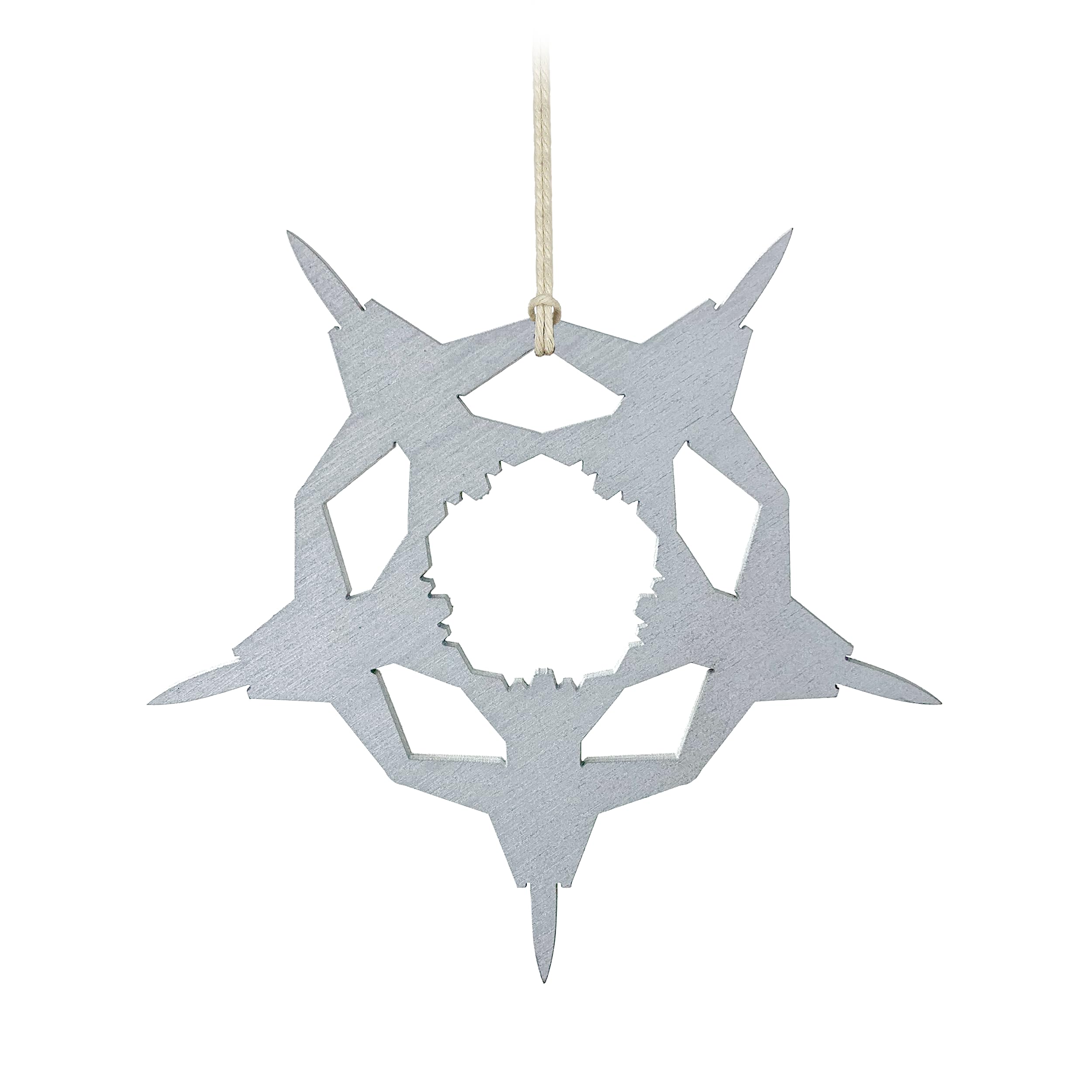 Snowflake F-14 Tomcat ornament crafted from birch wood with silver paint