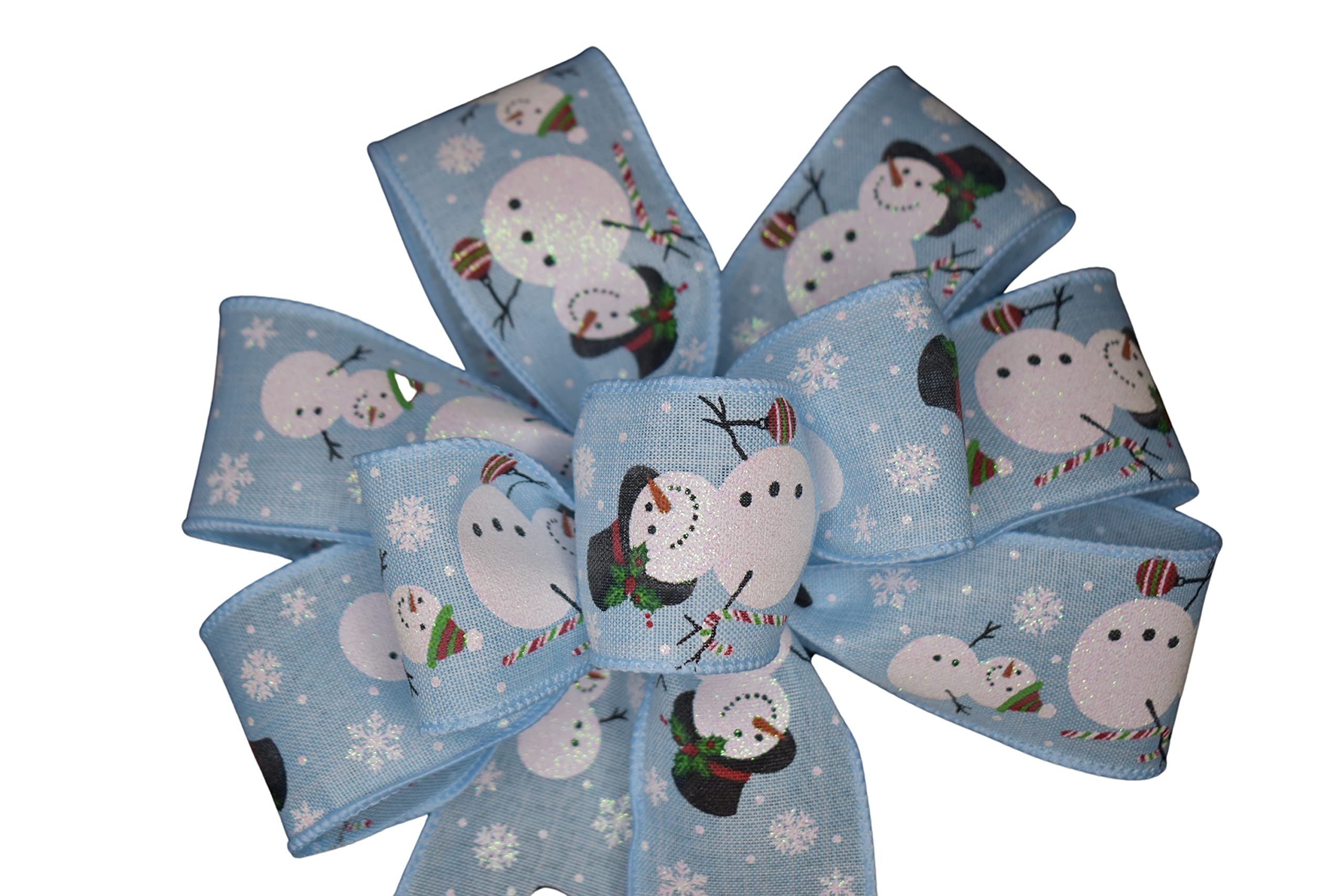 10 inch wide snowman on blue ribbon wired wreath bow