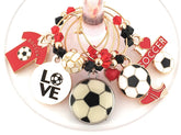 Set of 6 soccer wine charms on gold-tone base