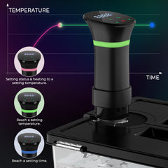 Sous vide cooker angled view with recipe included