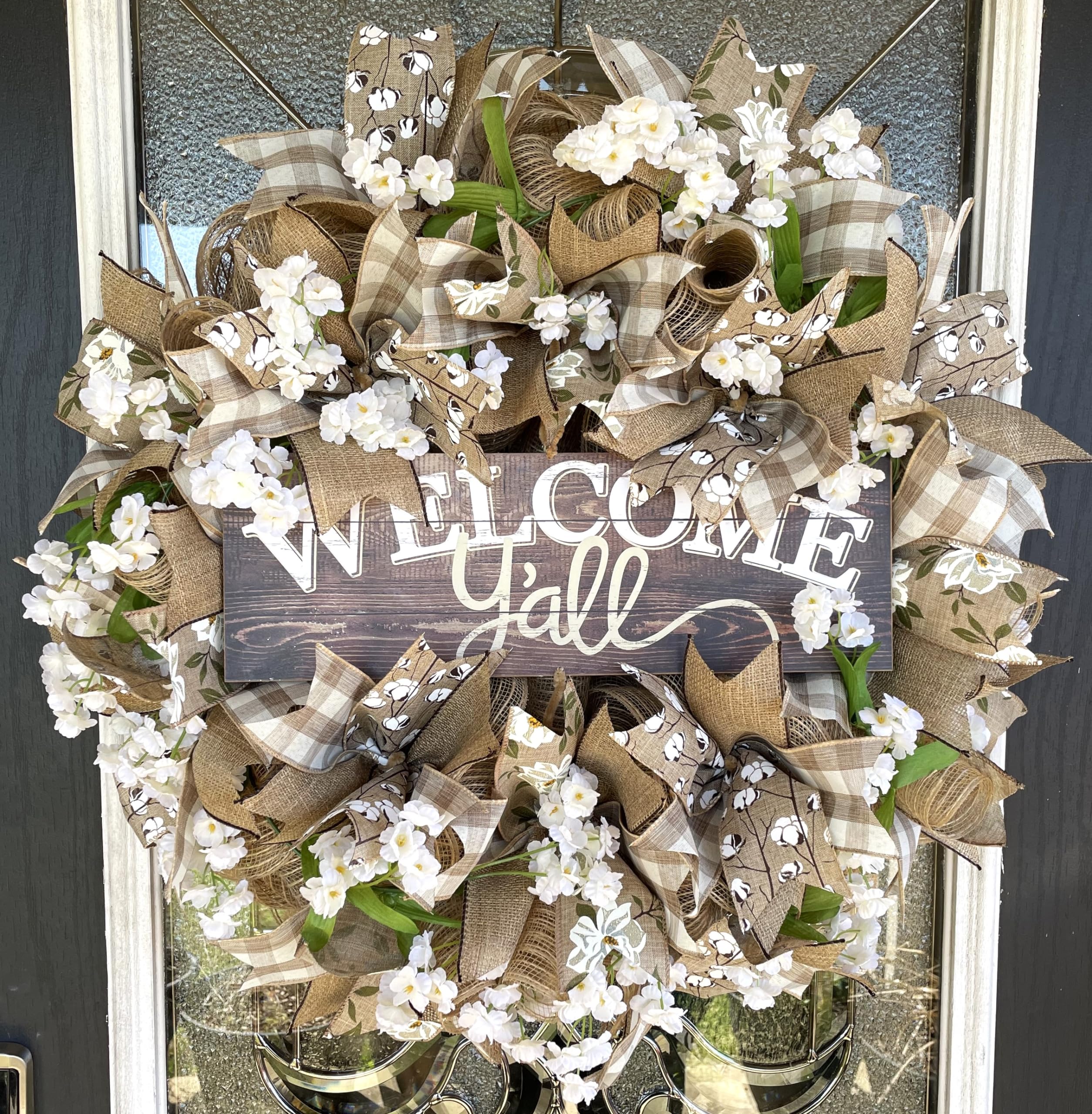Southern Charm Welcome Y'all Magnolia Cotton deco mesh front door wreath on door