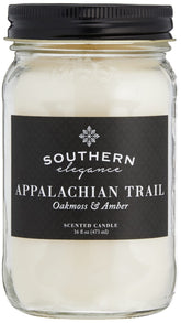 Southern Elegance Appalachian Trail Oakmoss Amber candle in a 16 oz mason jar