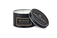 Southern Elegance Brightleaf Tobacco and Caramel candle in 6 oz travel tin