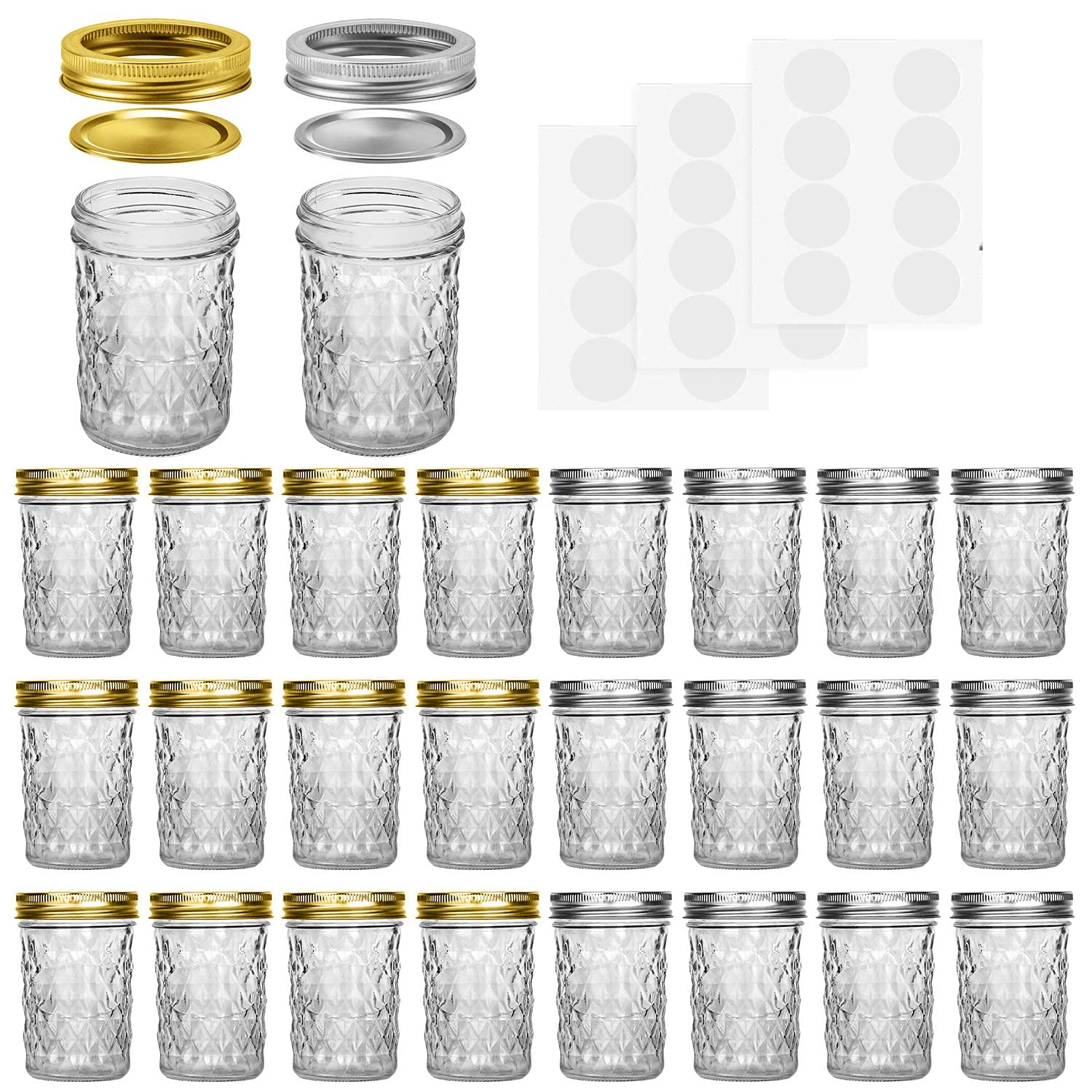 SPANLA 8 oz mason jars 24 pack with 12 silver lids