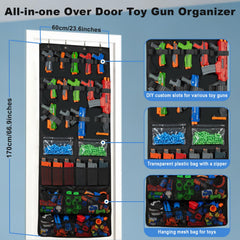 Door hanger toy gun storage with 10 pockets and two transparent bags