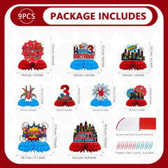 Spider themed centerpieces with blue red spider elements and cityscapes