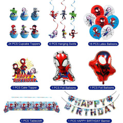 Cartoon spider balloons in Spider Birthday Decorations kit