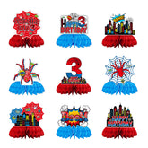 9 piece spider honeycomb centerpieces for a 3rd birthday party in blue and red