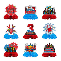 9 piece spider honeycomb centerpieces for a 3rd birthday party in blue and red