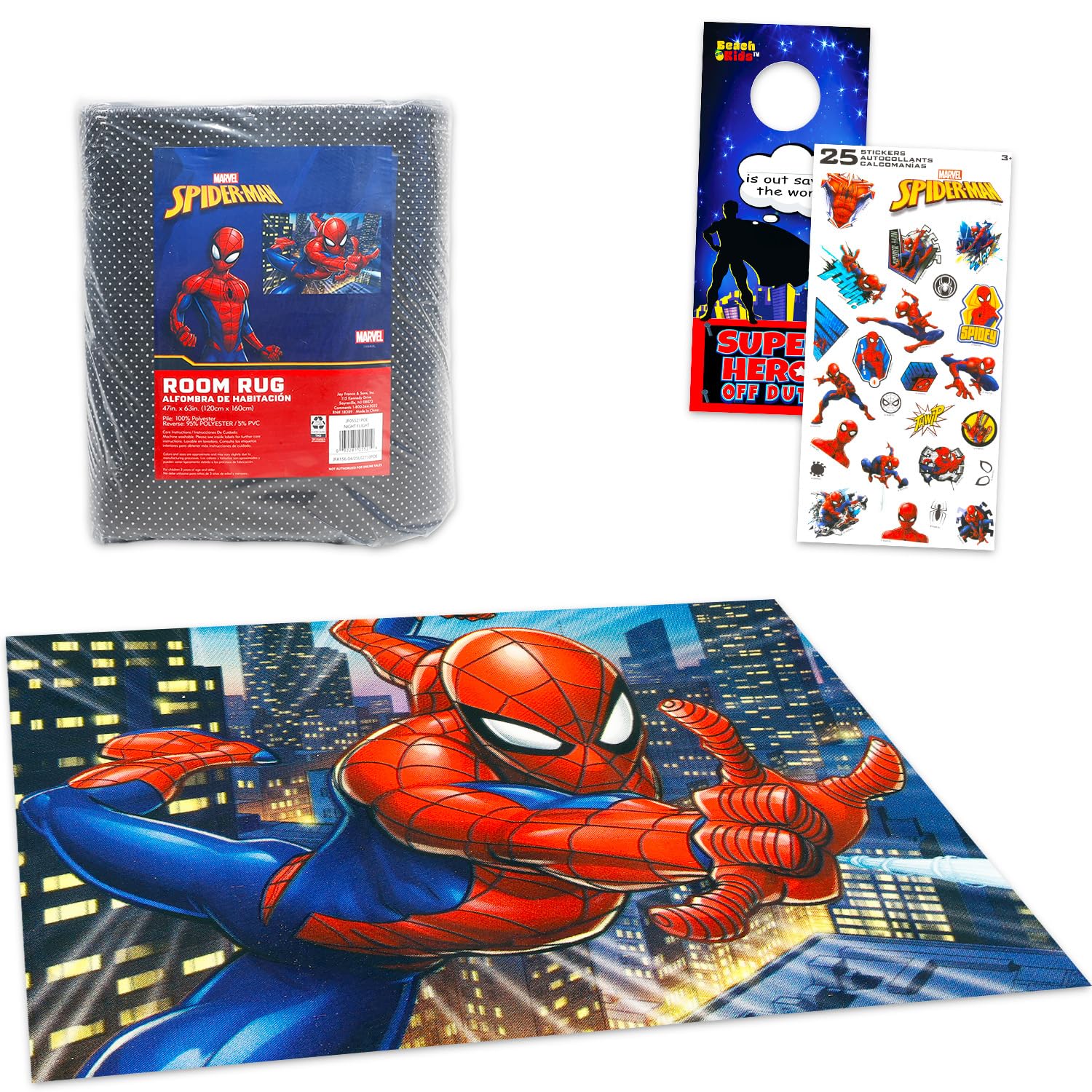 Spiderman Rug for Kids Room Set 48x72in area rug with Spiderman artwork