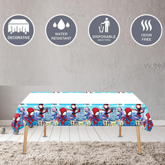 Disposable tableware set for Spidey party includes plates napkins and tablecover