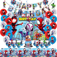 Spidey Birthday Decorations kit with banner backdrop and tablecloth
