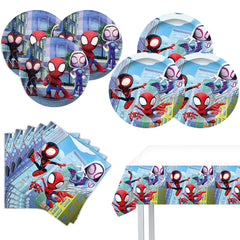 Spidey Birthday Decorations dinnerware set with 7-inch and 9-inch plates and tablecover