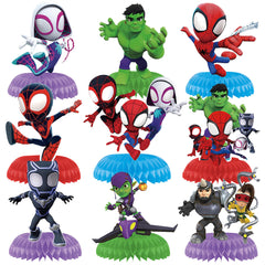 9Pcs Spidey Honeycomb Centerpieces on a party table