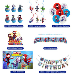 Spidey theme party supplies including balloons swirls and tablecloth