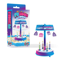 Spincredible Candle product image showing a rotating singing candle on a cake